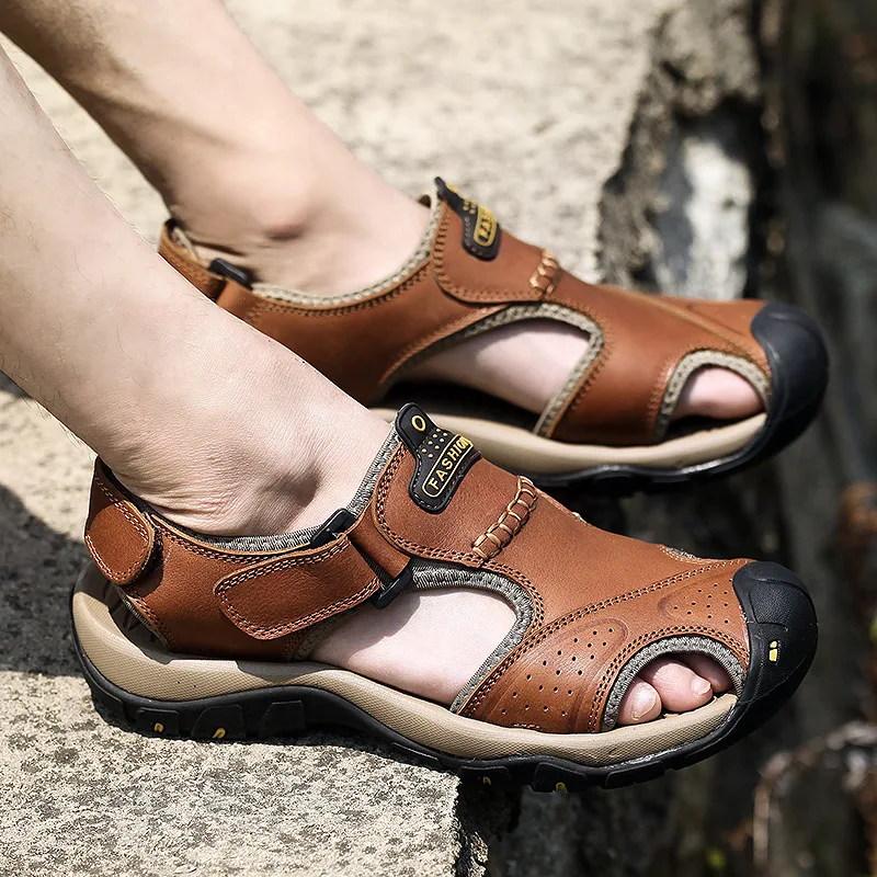 

Breathable Genuine Leather Closed Toe Men Sandals Trendy Outdoor Non Slip Sports Casual Dual Use Beach Daily Slippers