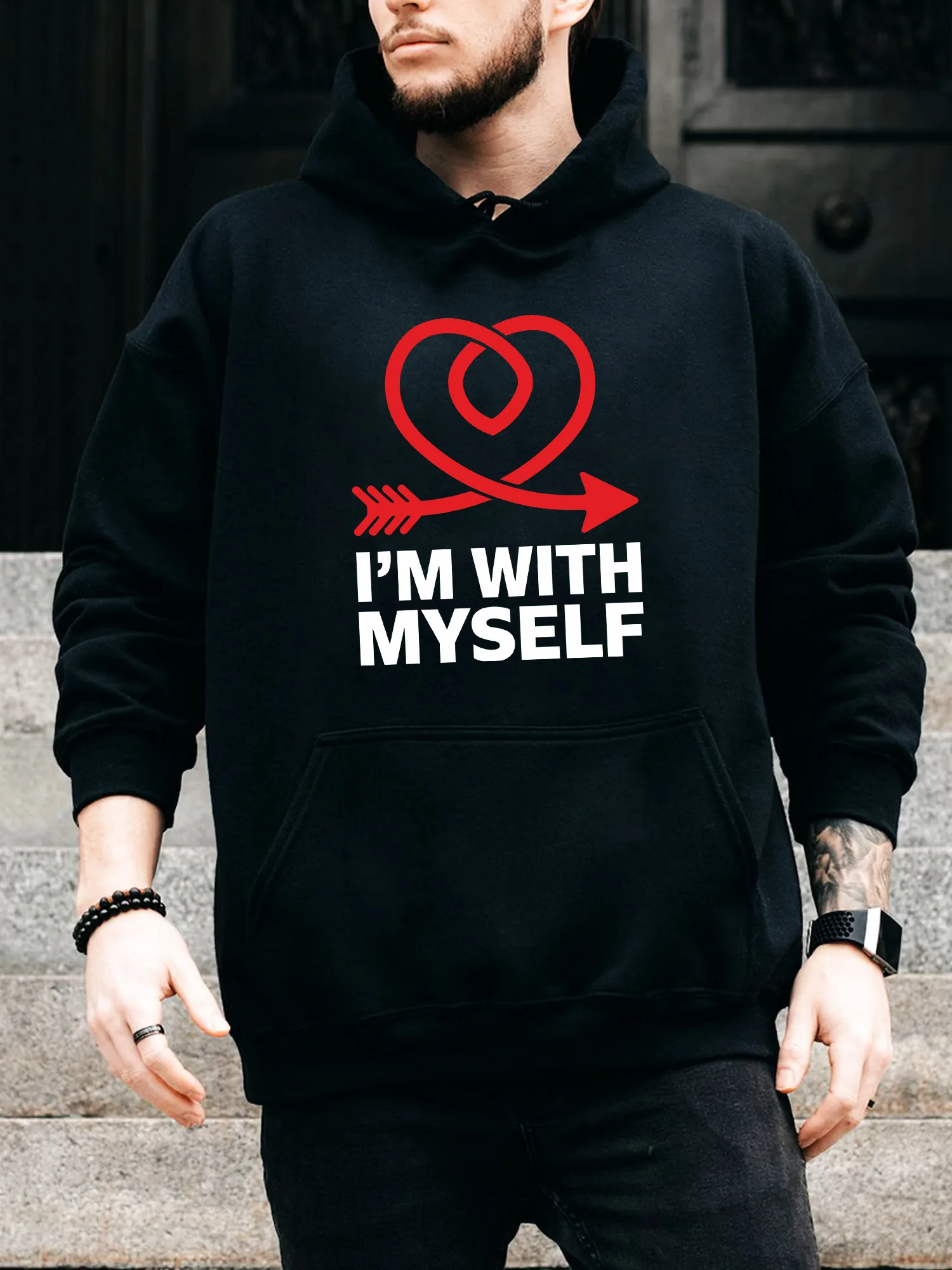 

Мужская толстовка с капюшоном на шнурке «Я с Myself» — повседневный удобный черный пуловер, осенне-зимняя толстовка с капюшоном