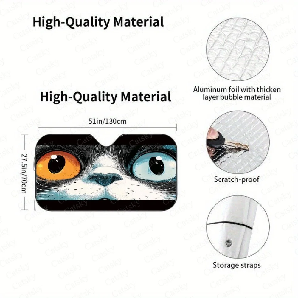 This Unique Car Sunshade Features A Striking Cat Face Design With Mismatched Eyes, Adding A Playful And Eye-catching Touch To Yo