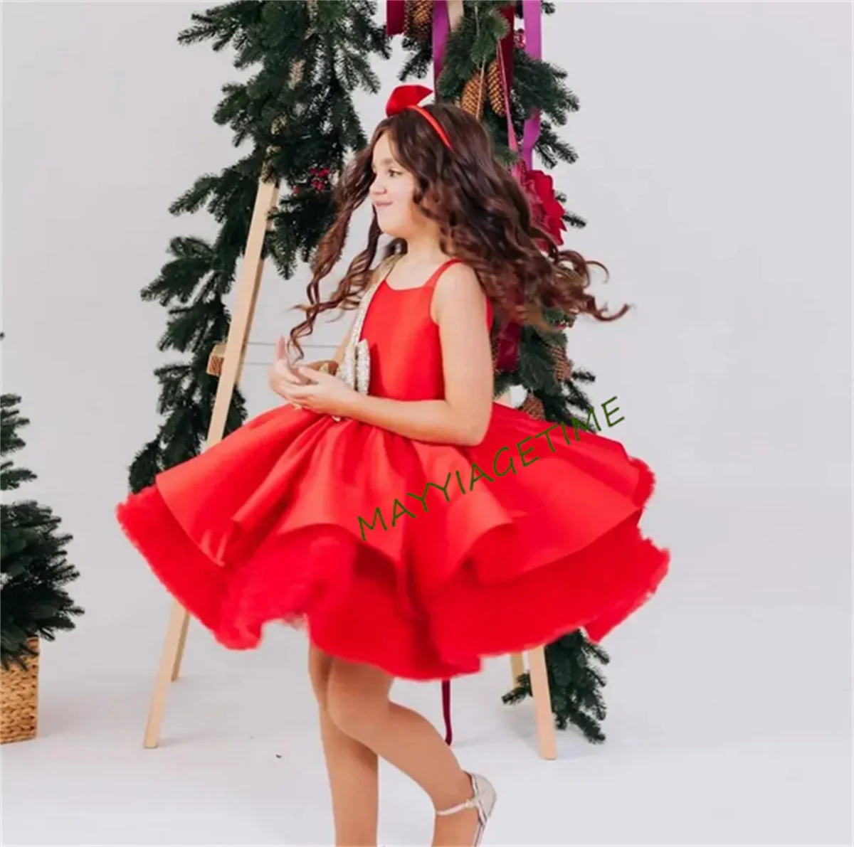 Red Girl Dress Satin Spaghetti Strap Short Flower Girl Dresses Cute Baby Girl Dress Princess Dress First comunione Dress