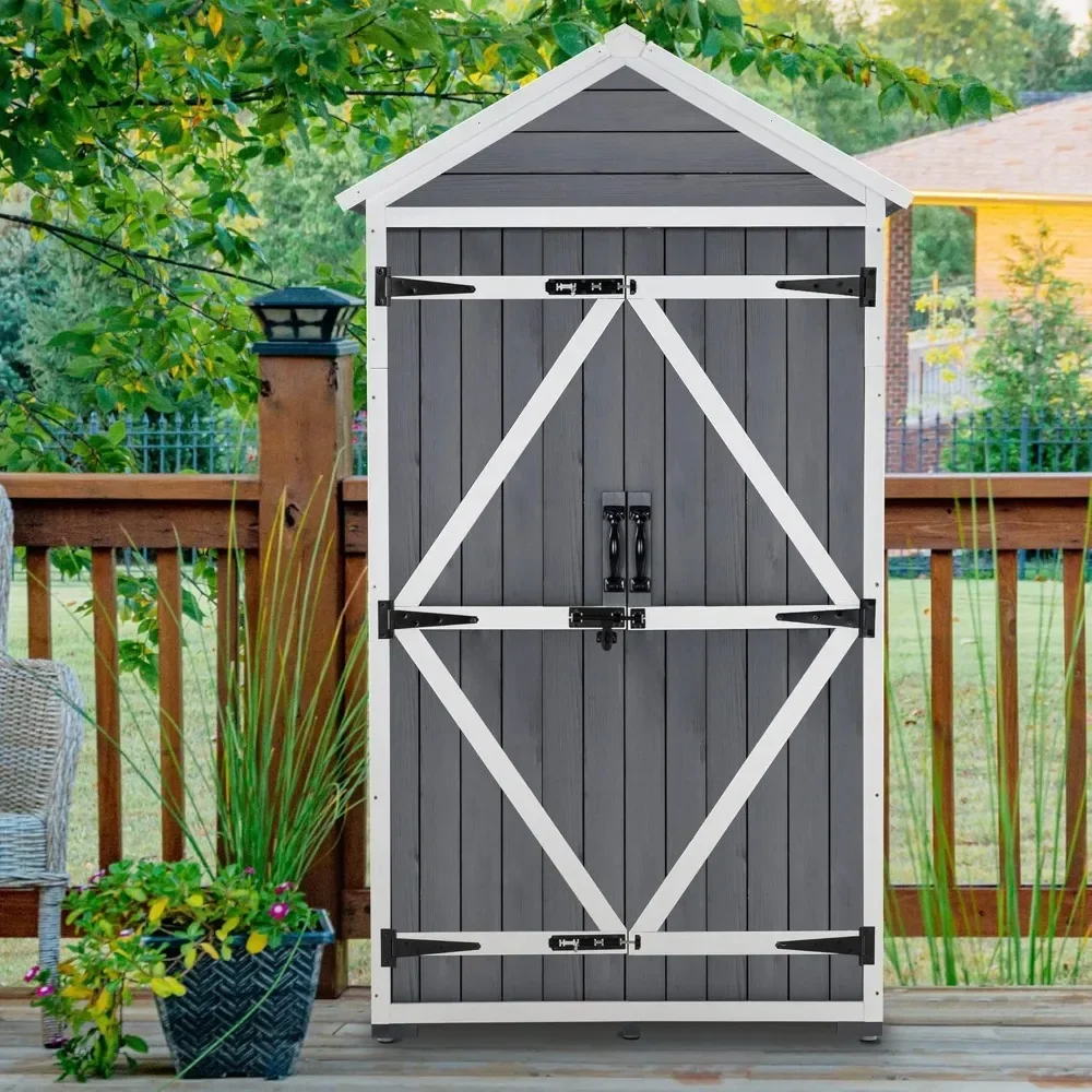 Outdoor Storage Cabinet, Garden Wood Tool Shed, Outside Wooden Shed Closet with Shelves and Latch for Yard, Patio,Deck and Porch