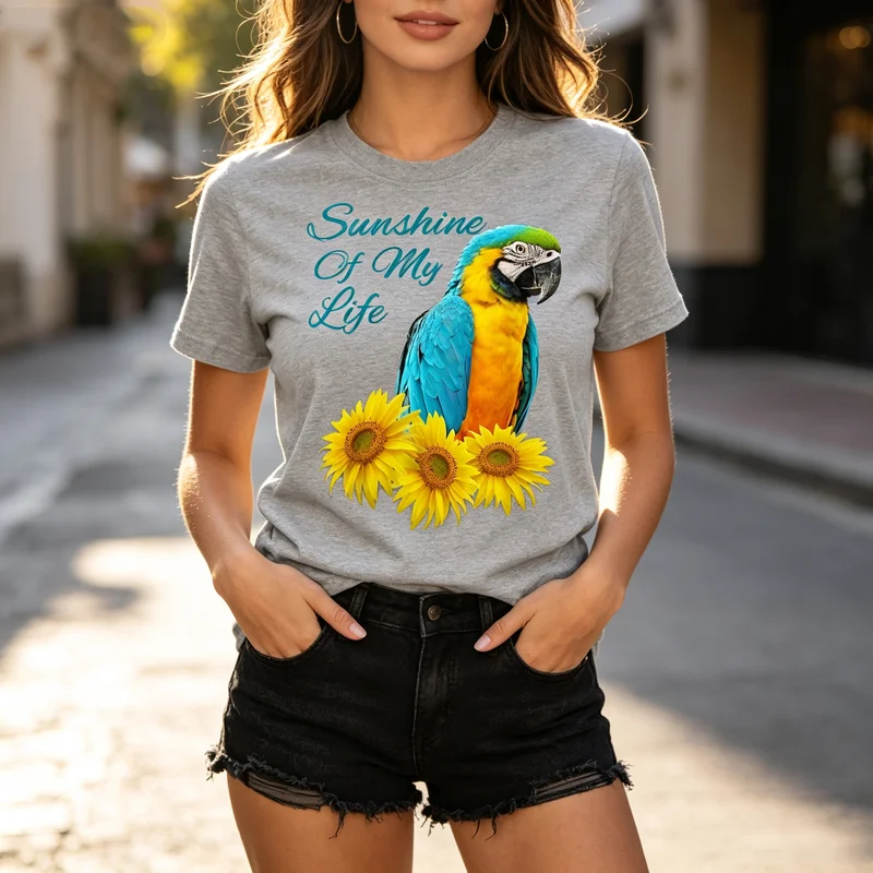 Parrot Sunflower Graphic T Shirt Sunshine of My Life Bird Flower Print Womens 100%Cotton Crew Top  Harajuku  Oversized Tee