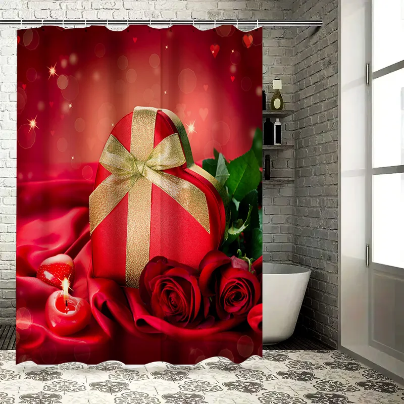 

Элегантная занавеска для душа ко Дню святого Валентина с красными розами и дизайном подарочной коробки в виде сердца, водонепроницаемая, прочная, для стильного обновления дома