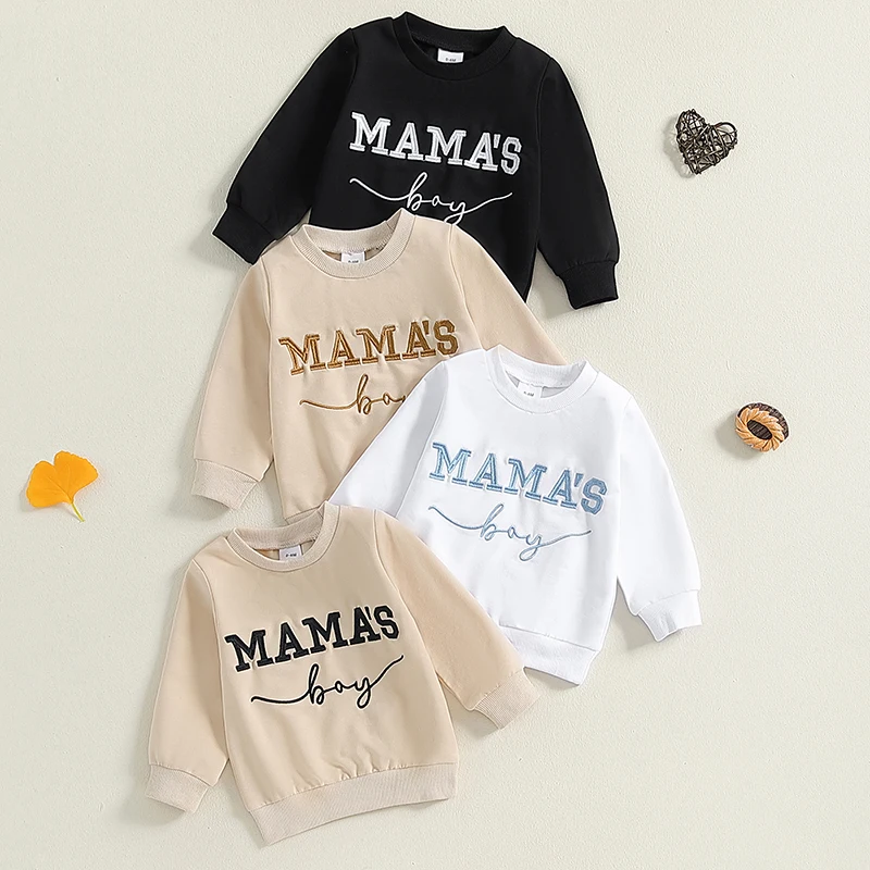 Toddler Boys Sweatshirts Letter Embroidered Crew Neck Long Sleeve Baby Pullovers Fall Casual Tops