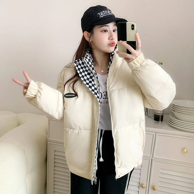 ฤดูหนาวใหม่ผู้หญิงหนาการออกแบบSense Checkerboardเย็บเสื้อร้อนขายStand Collar Streetwear Chic Outwear