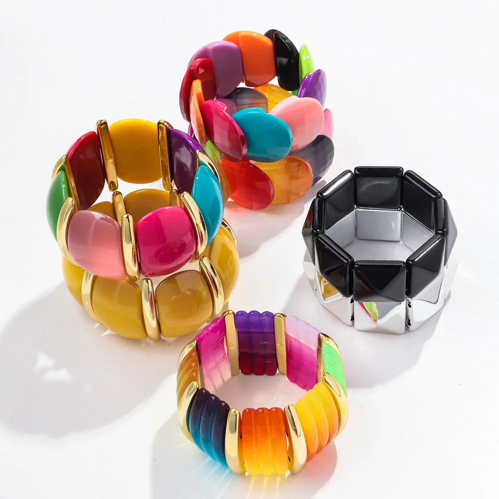 Bohemian Acrylic Multicolor Wide Cuff Bracelet for Women Boho Vintage Stretchy Bracelets Statement Bangles Wristband Jewelry