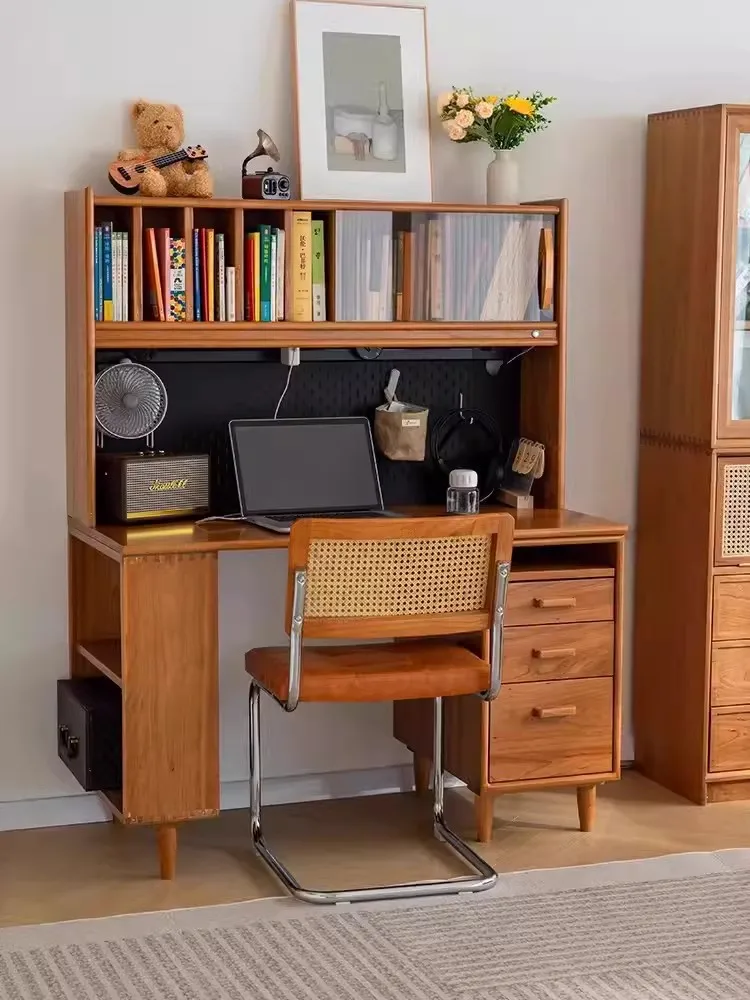 

Nordic solid wood desk household bedroom double desktop computer desk bookshelf integrated