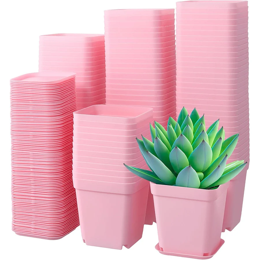 Macetas cuadradas de plástico rosa para plantas, 6/12 Uds., 7cm, con bandeja, maceta para vivero, decoración suculenta para oficina, escritorio, jardinería y balcón