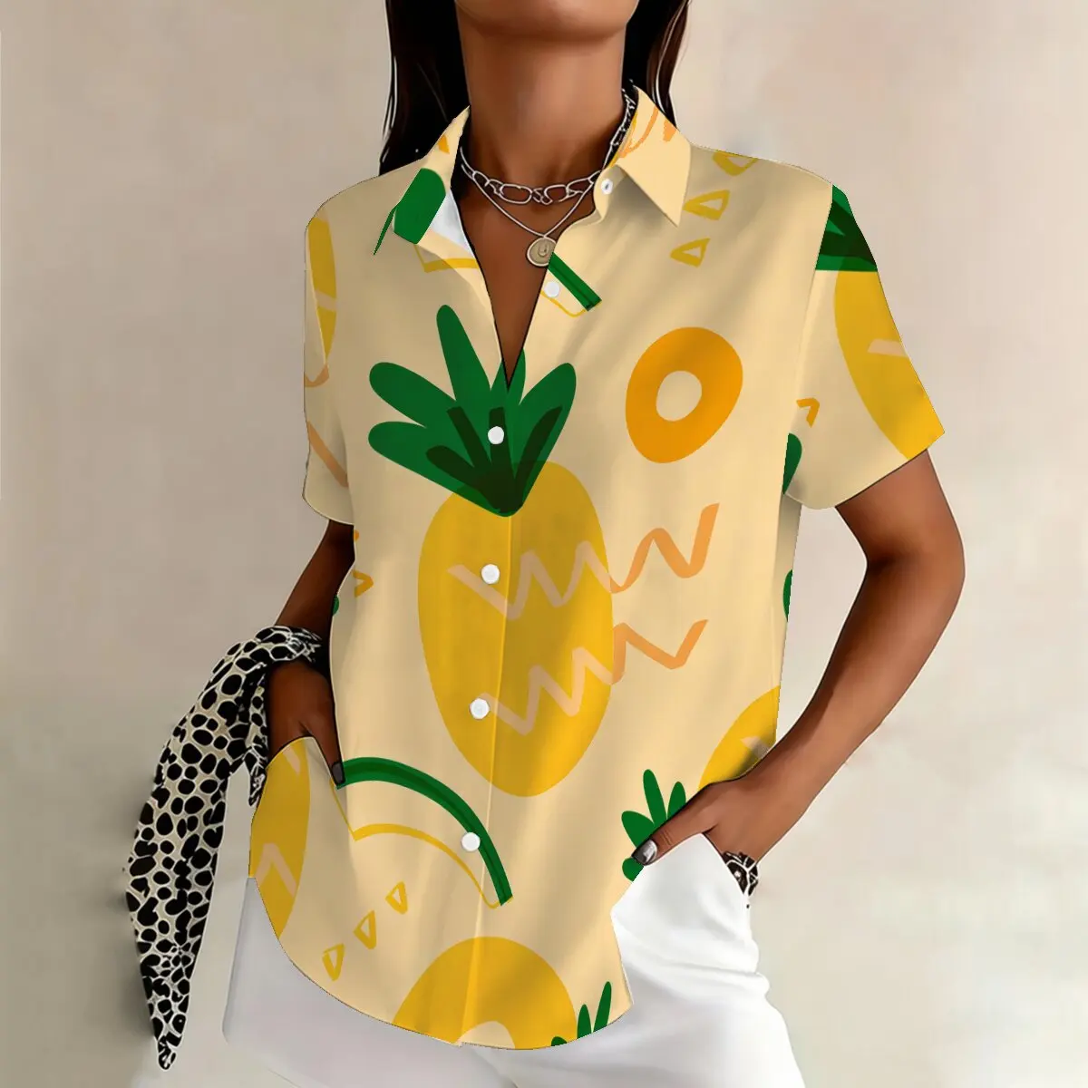 

Women's Plus Size Pineapple Print Short Sleeve Shirt,Fun & Age-Reducing,High Recognition for Outdoor Activities Relaxed & Casual