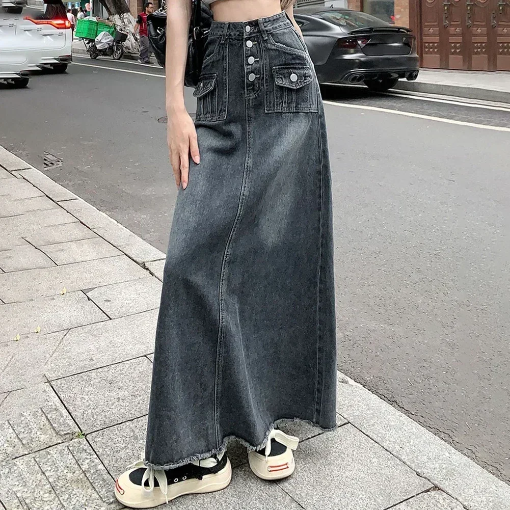 Spódnica długa codzienna na wyjścia, spódnica z wysokim stanem, stylowe spódnice do noszenia na co dzień, jednolity kolor, wzór.