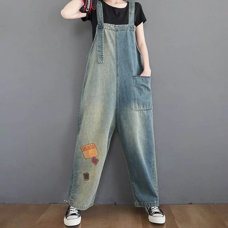 

Джинсовые комбинезоны для женщин, винтажные комбинезоны в корейском стиле, повседневные брюки через плечо, свободные брюки, комбинезоны большого размера для женской одежды