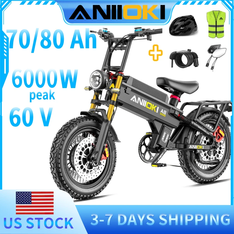 

Электровелосипед A8 Pro Max AWD с аккумулятором 60В 70Ач/80Ач, пиковой мощностью двигателя 6000Вт, скоростью 47 миль/ч, с широкими шинами 20"*4", многофункциональный