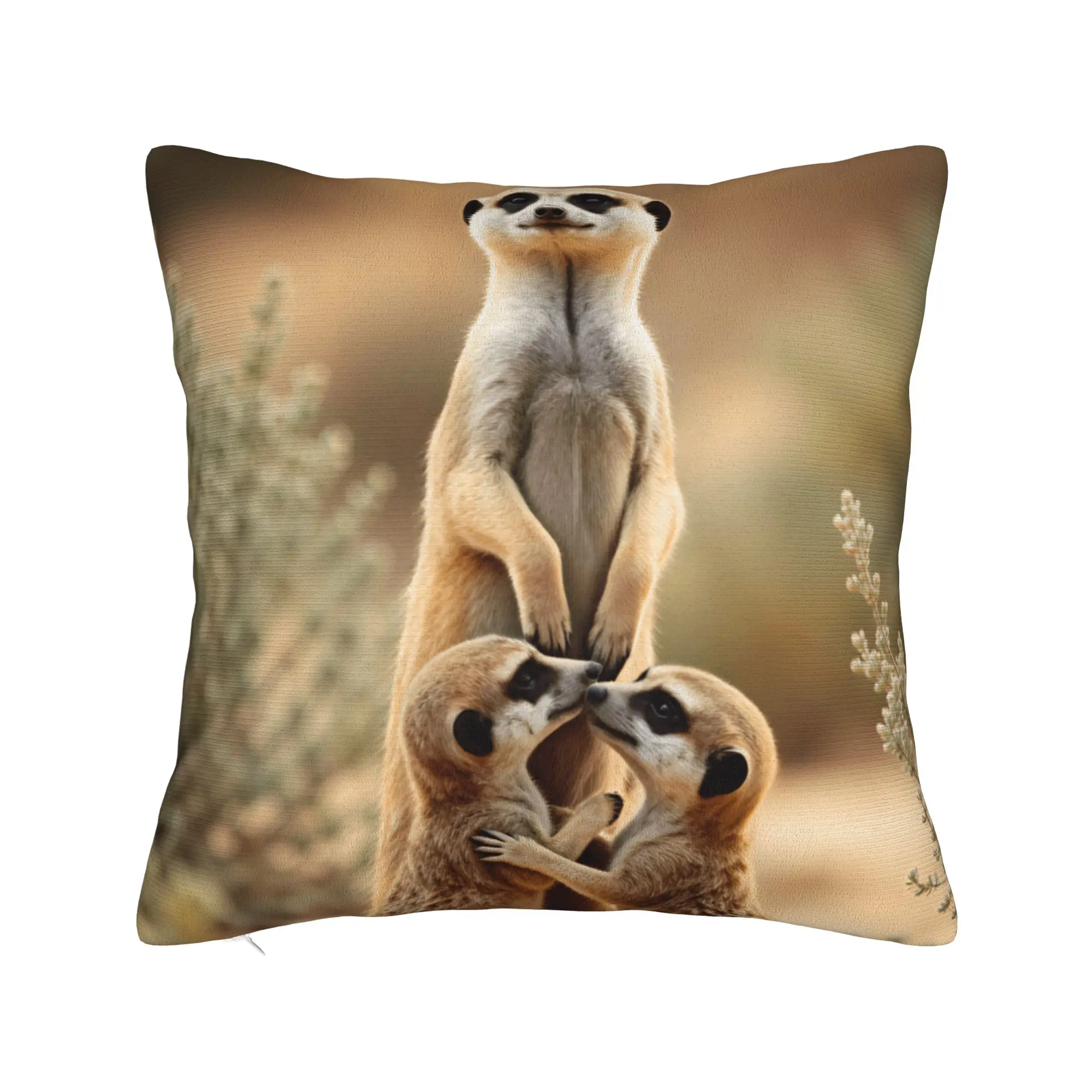 Family Of Three Meerkats In Desert Pillow Case  Print Pillow Cover For Living Room Bed Chair Vintage Cushion Cover