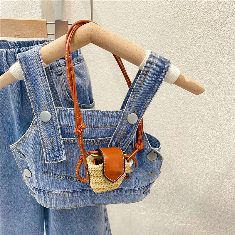 New Summer Girls\' Clothing Sets Pocket Buttons Street Denim Vest +Wide-Leg Pants Fashion Baby Kids Outfit Children Clothes Suits