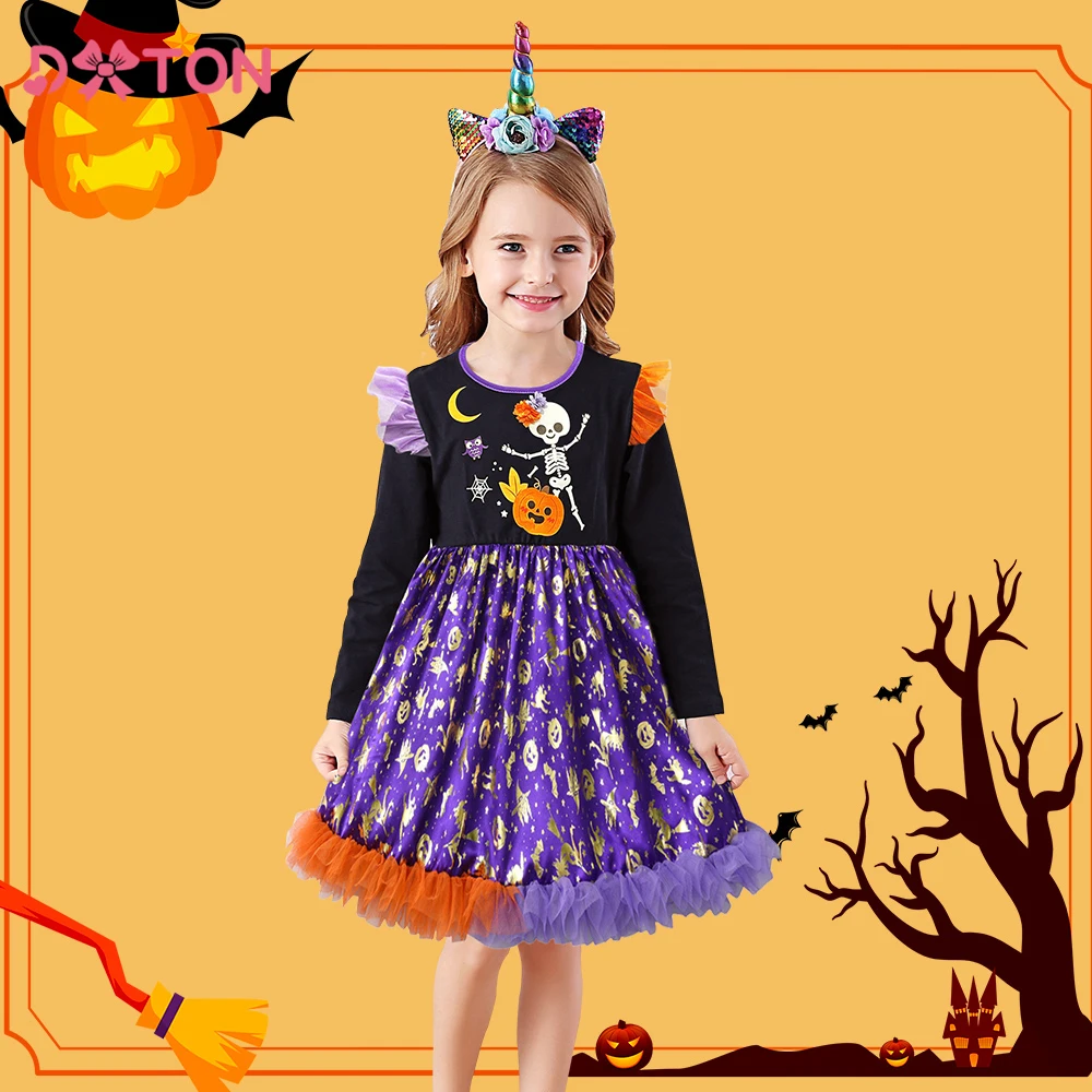 

DXTON 2023 Halloween Dress For Girls Pumpkin Print Tulle Princess Dresses Flying Sleeve Toddler Baby Party Cosplay Clothes 3-12Y