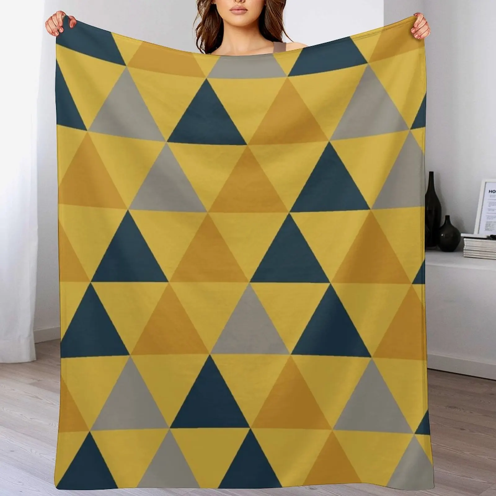 

Triangular: Dark Mustard Yellow, Light Mustard Yellow, Navy Blue, and Grey Minimalist Geometric Pattern Throw Blanket