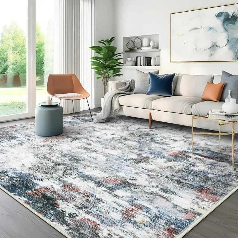 Modern Abstract Washable Rug for Living Room, Stain Resistant Non-Shedding Distressed Area Rug with Non Slip Backing