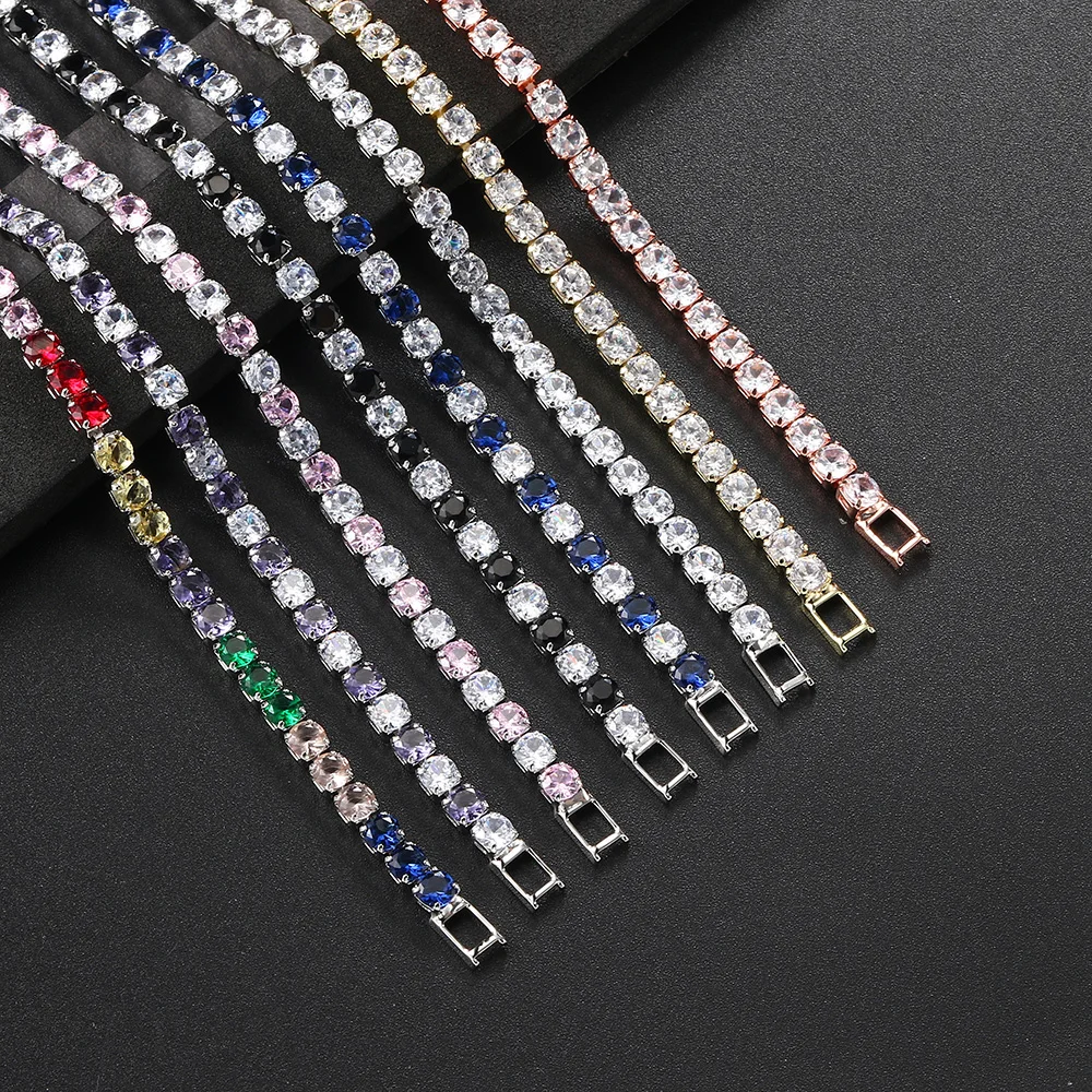 Colorful Zircon Tennis Bracelet Bangle for Women Luxury Silver Color 4mm Rainbow Crystal Hand Chain Jewelry Friend Gifts H027-M