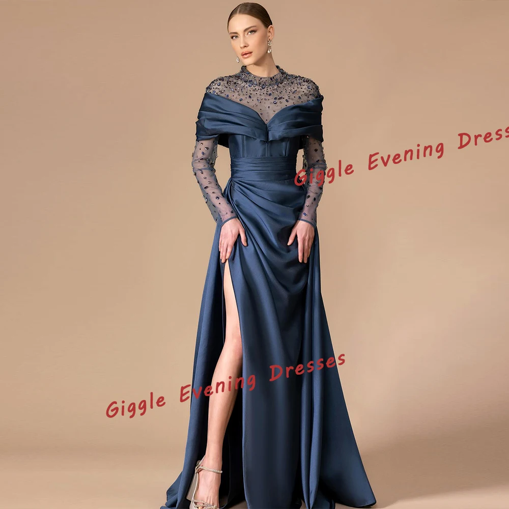 Giggle Satin Beading O-Neck Pretty Prom Gown Saudi Arab Elegance Slit Pleating Floor-Length Evening Party Dresses for Women 2024