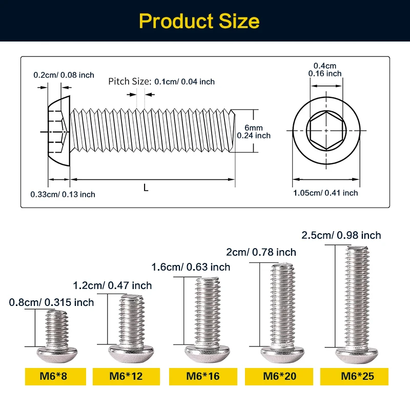 20/40 pcs, Screws,M6-6/12/16/20/25mm Button Head Socket Cap Screws and Bolts, Stainless Steel Screw, Allen Socket Drive