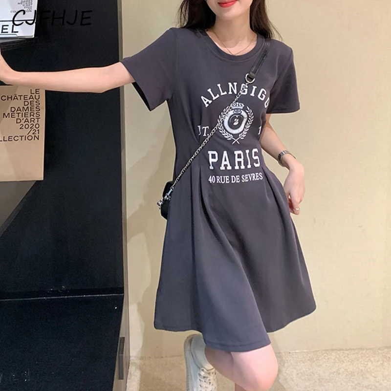 CJFHJE Women's Korean Summer Trendy Letter Print T Shirt Mini Dress Y2K Casual Streetwear Simple Short Sleeve Pleated Dresses