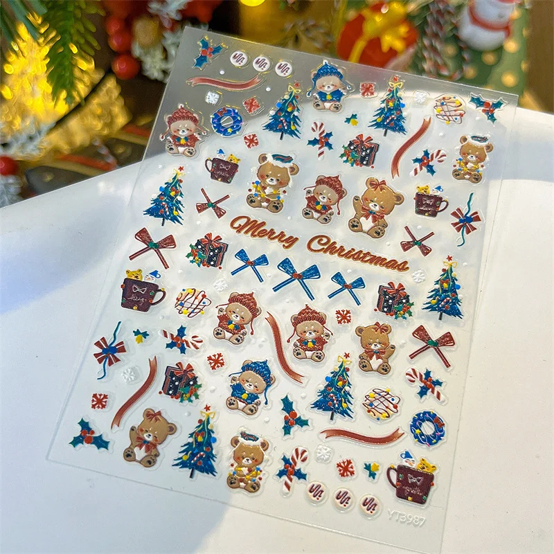 3D Cute Bear Christmas Nail Art Sticker Embossed Christmas Tree Gift Box PVC Adhesive Nail Art Decals DIY Manicure Salon