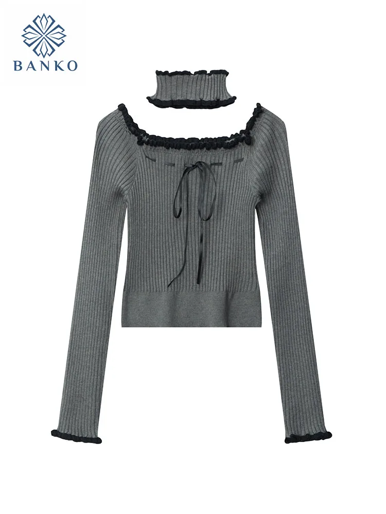 

Fashion Simple Classical Knitted Sweater Square Collar Long Sleeve Slim Pullovers Solid Chic Clubwear Bow Jumper Y2K Streetwear