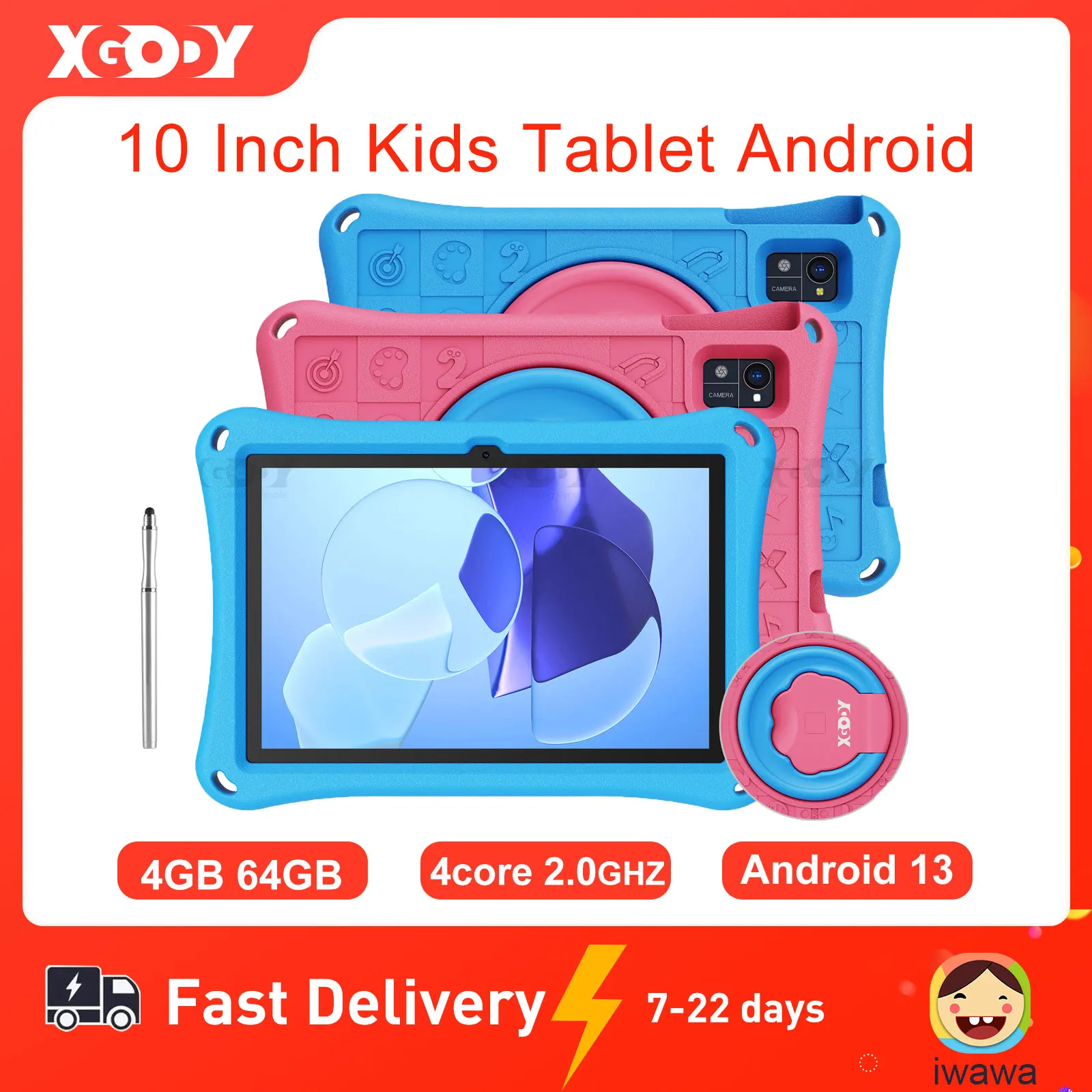 

XGODY Android 13 Tablet WiFi Pc 10.1 Inch Kids Learning Education Tablets Children's Gift 4GB RAM 64GB ROM Quad-core 7000mAh