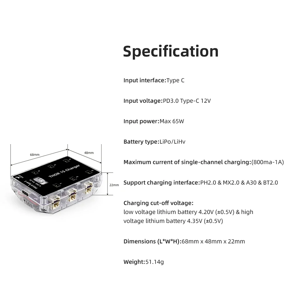 Caricabatterie HGLRC Thor 1S V2 scheda di ricarica parallela a 6 vie supporta interfaccia PH2.0 e MX2.0 e A30 e BT2.0 PD3.0 tipo C 12V