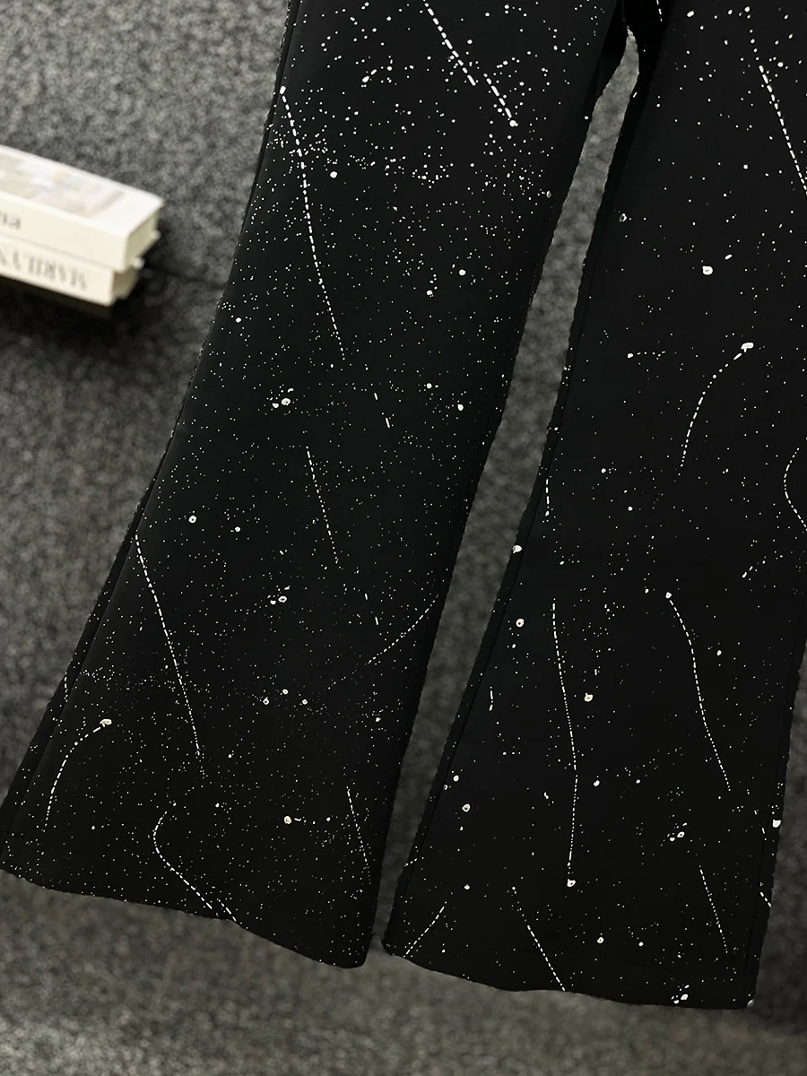 Korean Version Design Heavy Industry Hot Diamond Black Casual Pants Men's High-end Fashion Trend Loose Micro-flared Pants