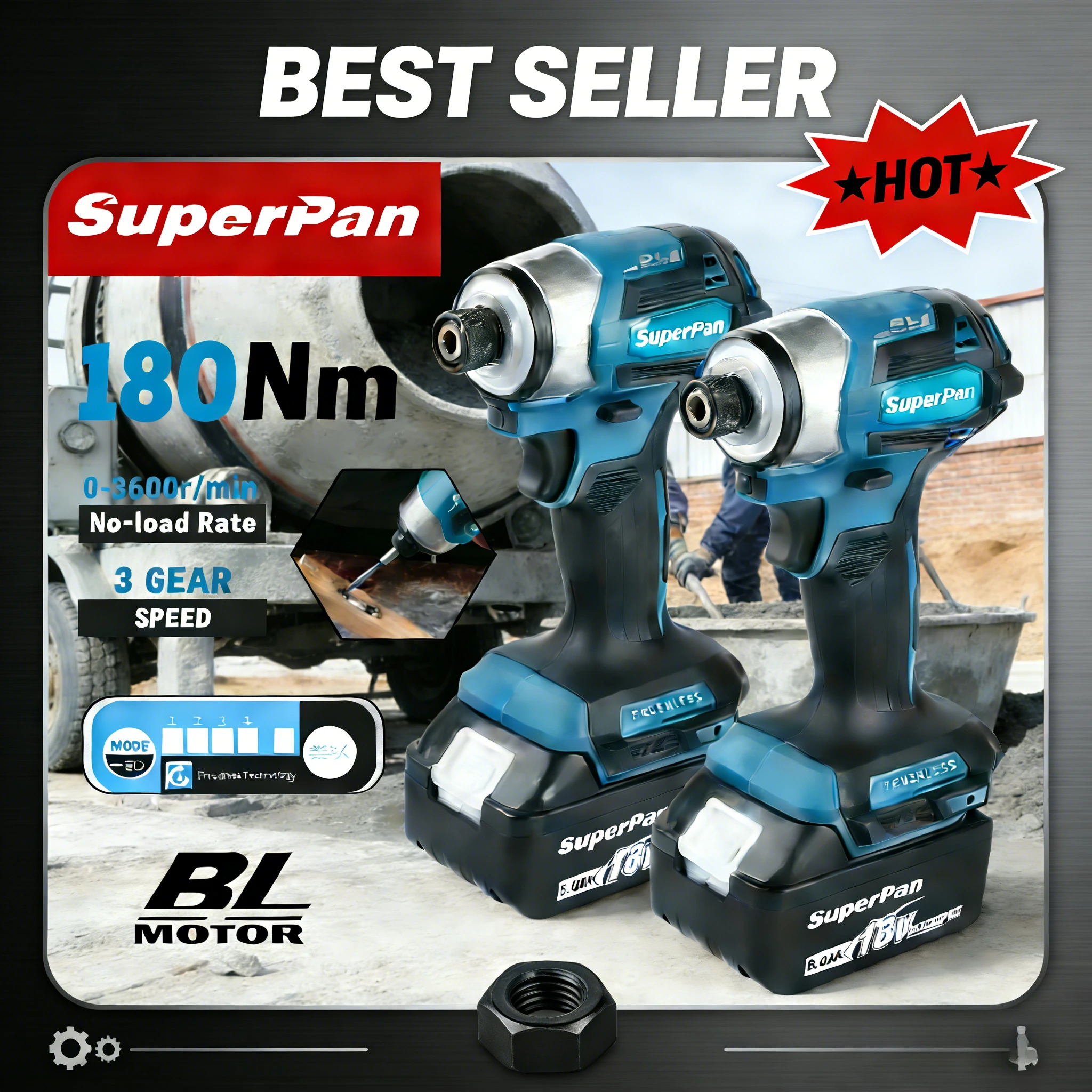 

SuperPan SP173 6.0Ah Brushless Impact Driver 180N.m 3-speed for Furniture Assembly DIY Crafts for makita 18V battery pin