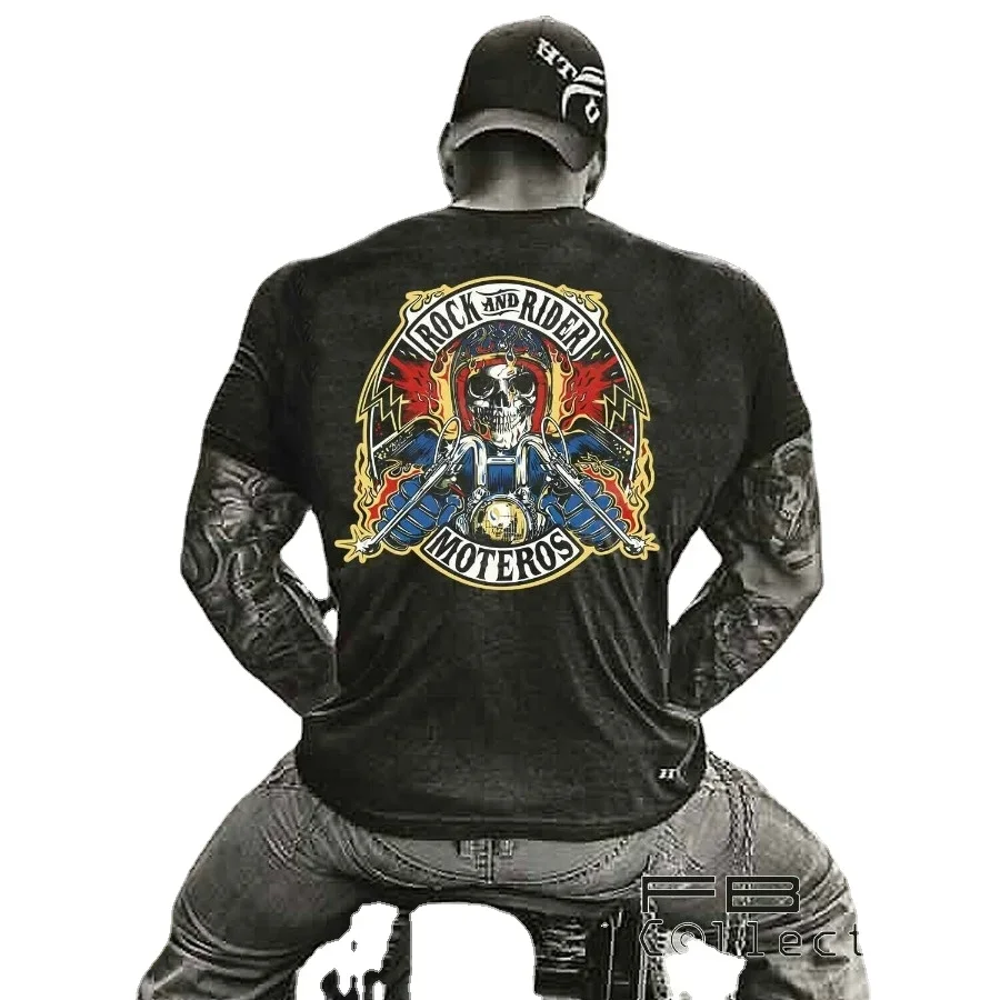 Rock Rider Skull Bikers T-Shirt Summer Cotton Short Sleeve O-Neck Men's T Shirt New S-3XL Moteros