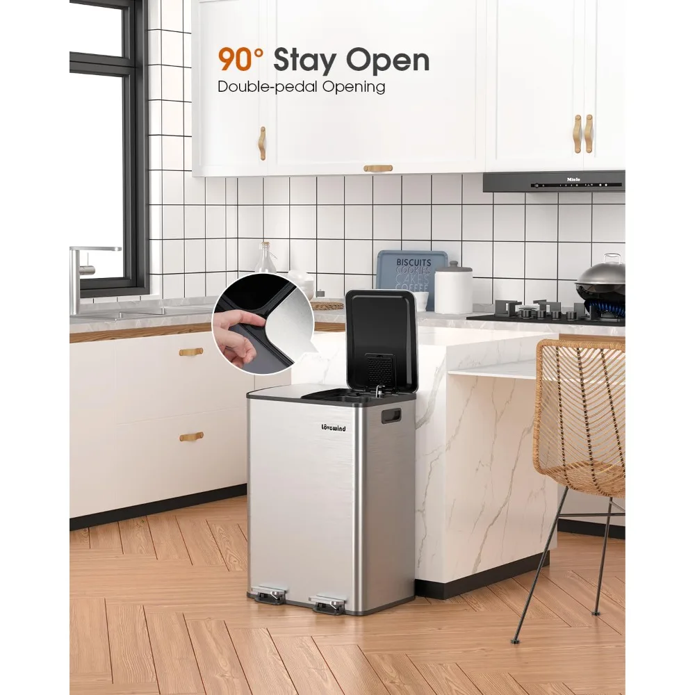 سلة المهملات المزدوجة وصناديق إعادة التدوير للمطبخ، 2 × 8 جالون (2 × 30 لتر) سلة قمامة المطبخ المصنوعة من الفولاذ المقاوم للصدأ مع إغلاق ناعم #5