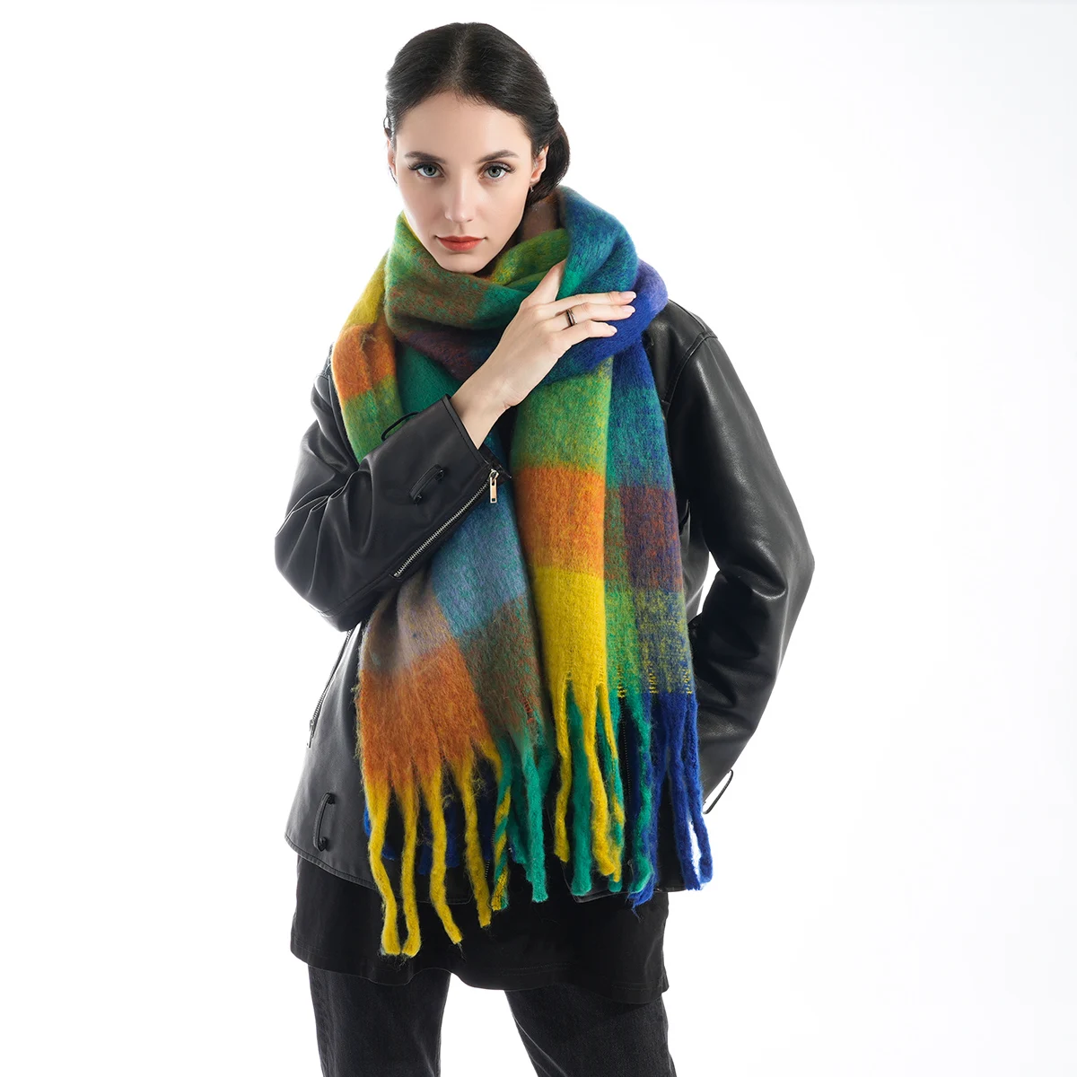 New fashionable imitation cashmere mohair colored ac plaid scarf, casual, soft, thick, warm, long tassel winter scarf shawl