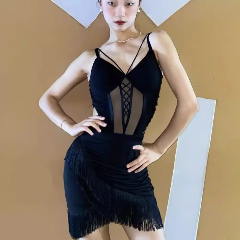 Abito da ballo latino personalizzato per donna Abito da performance per esame d'arte con gonna piegata in rete sexy per adulti