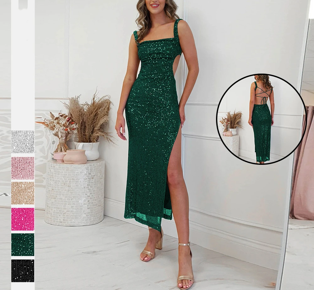 

Mikydely Sexy Sequin Wedding Dress Slim-Fit Bridesmaid Dress Halter High Split Evenning Dress