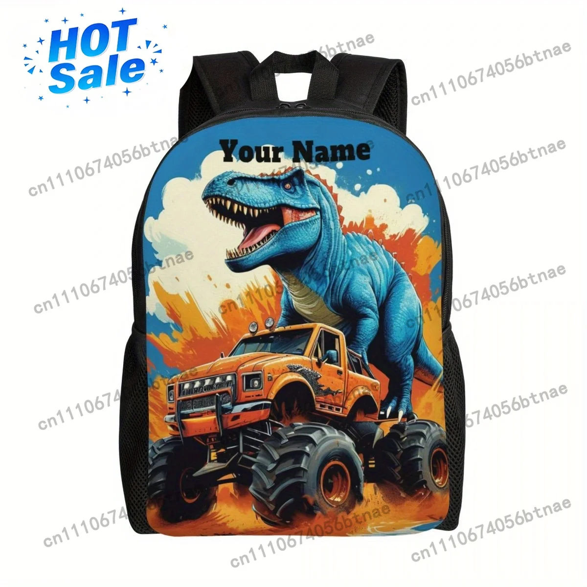 Customizable Dinosaur Truck Backpack - Personalized Name Text, Lightweight Polyester Daypack with Adjustable Straps, Zipper Clos
