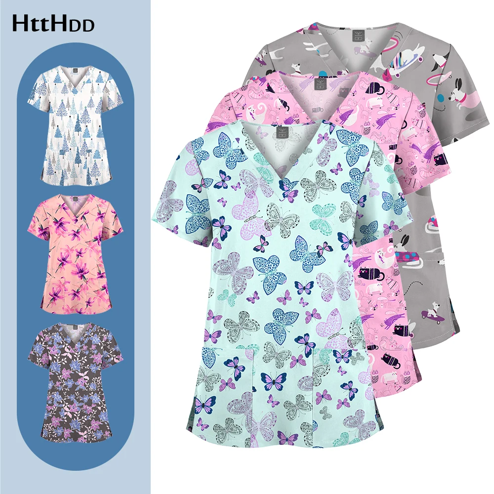 V-neck Short Sleeved T-shirt Polyester Spandex Scrub Uniforms Tops Soft Short Sleeve Floral Cartoon Print Nurse Women Scrub Tops