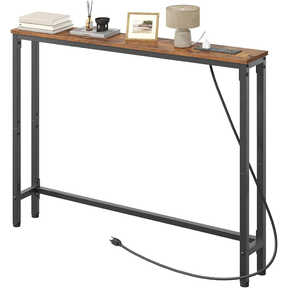 

HOOBRO Узкий консольный столик 39,4 дюйма с розетками, 5,9-дюймовый узкий диван-стол за диваном, небольшой столик для прихожей, металлический F