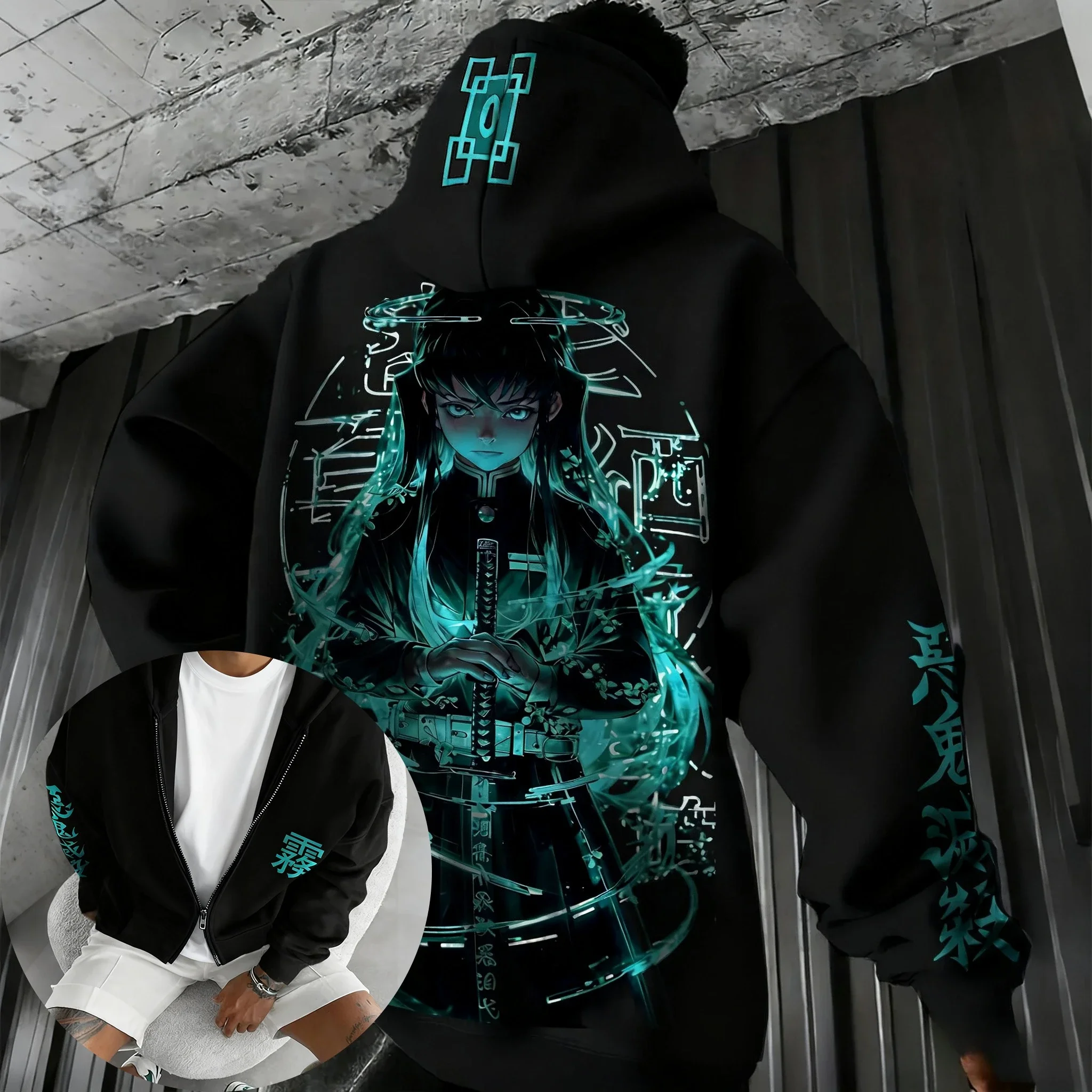 Anime Demon Slayer Tokitou Muichirou Printed Zipper Hoodie 2025 Autumn/Winter Men's Women's Loose Casual Cotton Zipper Hoodie