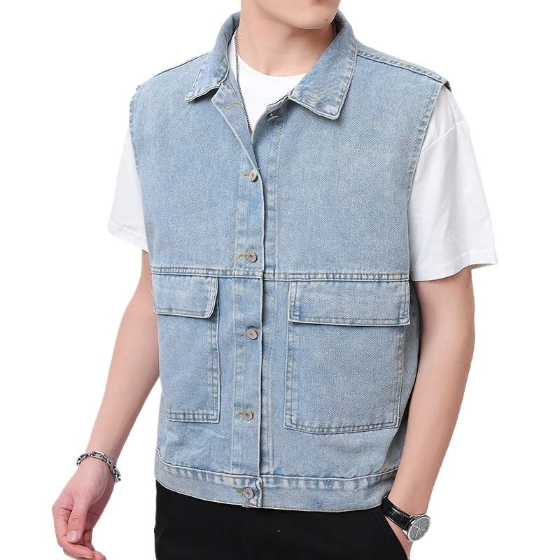 

Trendy Men's Denim Vest Solid Color Multi-Pocket Cotton Breathable Casual Denim Waistcoat for Spring and Summer Comfortable Vest
