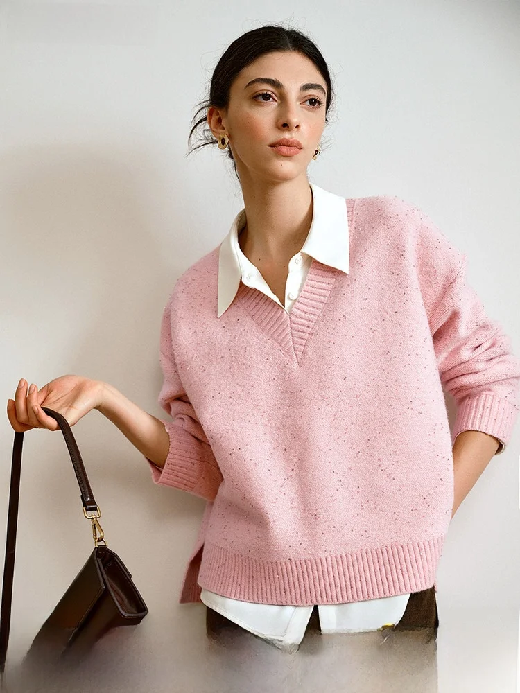 

OLrain Винтажный свободный вязаный свитер с V-образным вырезом и бисером, женский, осенний, новый, модный, из полиэфирного волокна, с длинными рукавами