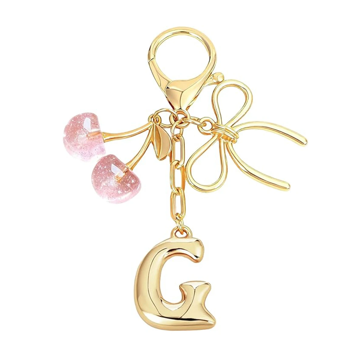 Gold Letter Bubble Initial Keychain with Bow & Cherry, Cute Handbag Accessory
