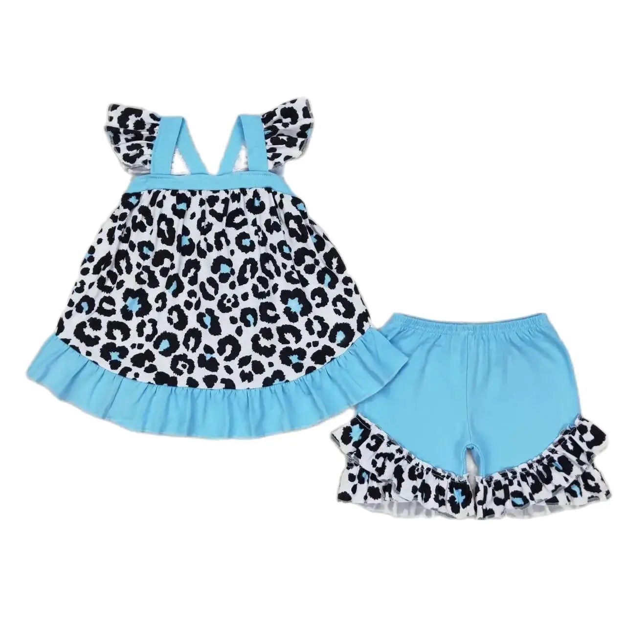 

GSSO0878 Kids Girls Summer Outfit Sets Flying Sleeves Top Blue And Black Leopard Lace Print With Shorts Children Clothes