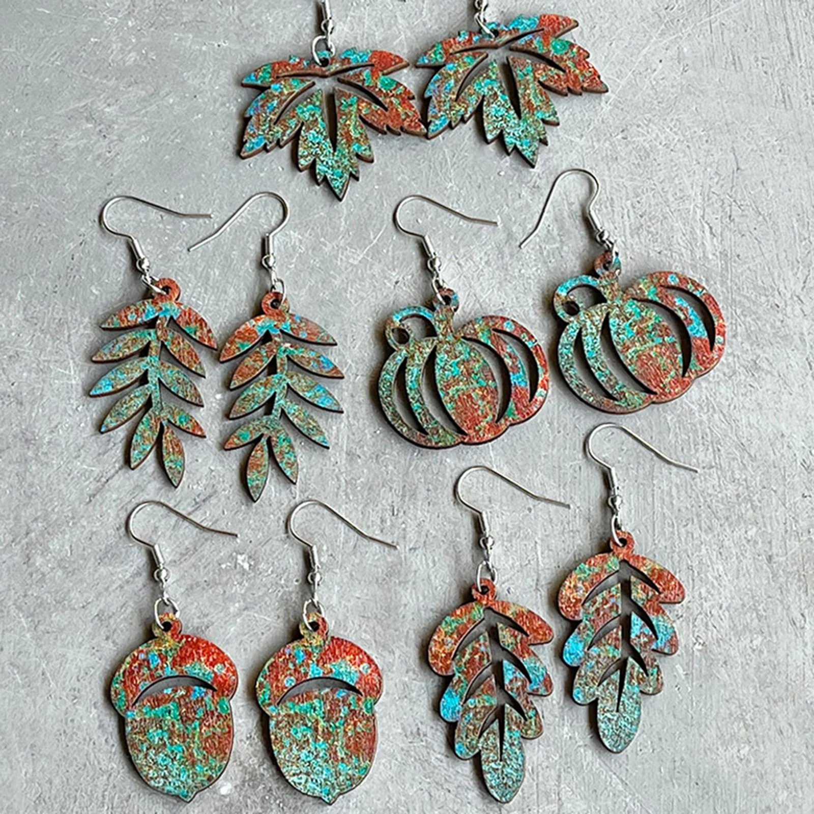 Wood Vintage Leaf Pine Cones Pumpkin Earrings Multicolor Hollow Plants Dangle Earrings For Women Party Jewelry Trend Gift,1Pair