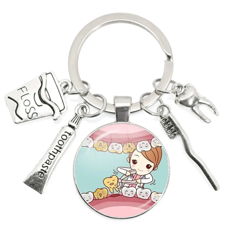 Zahn Zahnseide Zahnpasta Zahnbürste Metall Anhänger Keychain Glas Cabochon Zahnarzt Dental Assistent Geschenk Zahnpflege Schlüssel Ringe