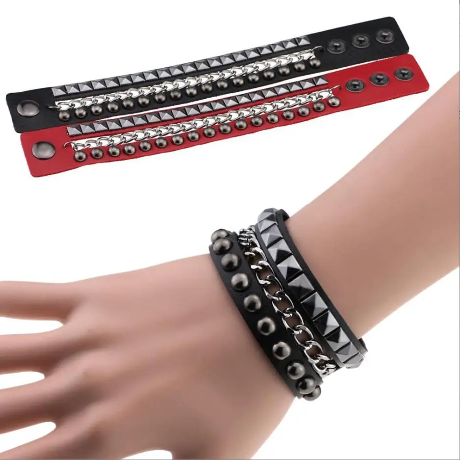 

1Pc Multilayers Rock Spikes Rivet Chains Gothic Punk Wide Cuff Leather Bracelet Bangle Fashion Men Bracelets Jewelry S2967