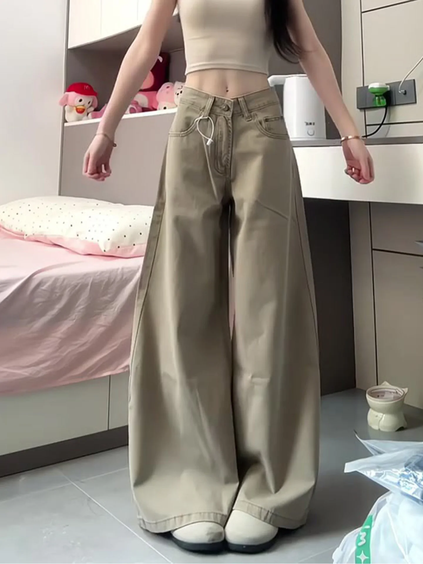 

American Style Khaki Denim Jeans Women's High Waist Skinny Floor-Length Wide Leg Pants Summer New Washed Slim Fit Trousers