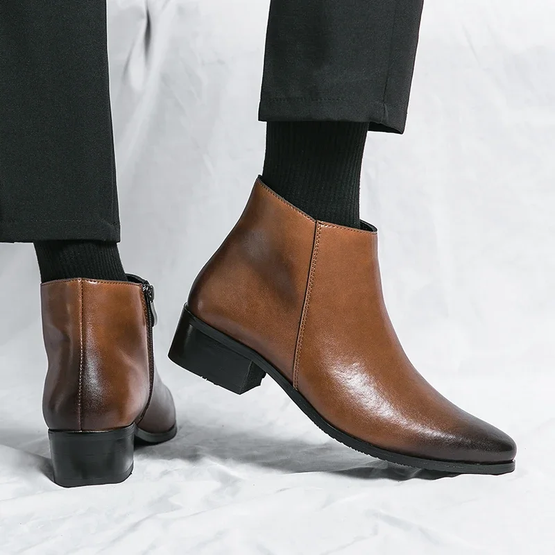 Klassische schwarze Leder-Stiefeletten für Herren und Damen im britischen Stil, Chelsea-Stiefel mit spitzer Zehenpartie, bequeme High-Top-Schuhe – Detail 25