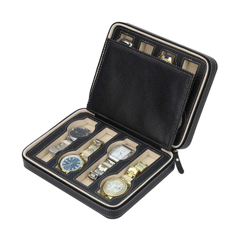 

8 Slots Watch Box Premium Leatherette Storage Box Portable Zippered Watch Case for Men or Women(Black)